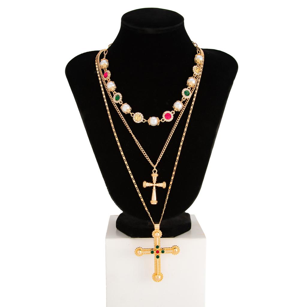 Sweet Cool Style Cross Alloy Pendant Chain Diamonds Pearls Beads Tassel Necklace