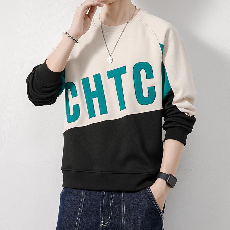 

Мужская футболка с длинными рукавами и контрастными цветными вставками, мужская модная повседневная рубашка на весну и осень, свободный свитшот с круглым вырезом 4XL