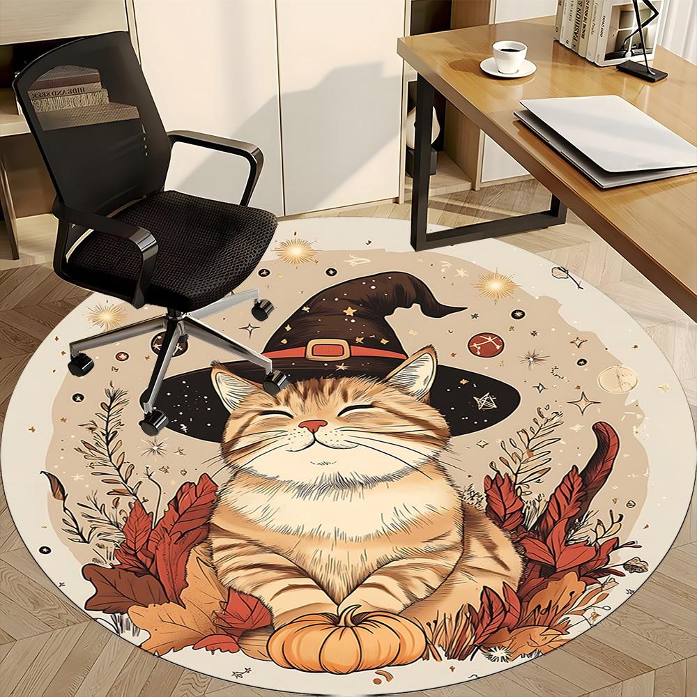 1PC Witch Cat Office Round Area Rug,  Mat Suitable ForOffice, Under Office Chairs Bedroom Living Room Home Decor, Room Deco