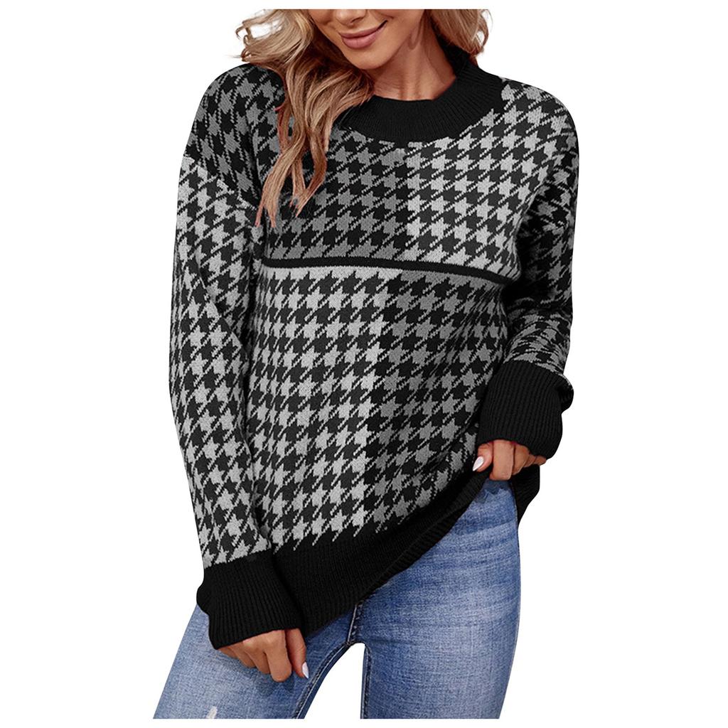Ladies Fashion Casual Loose Knit Contrast Houndstooth Pullover Sweater