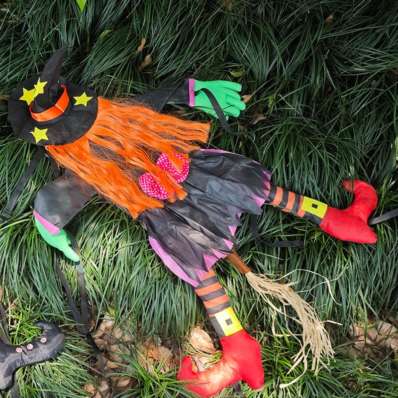 Halloween Orange Hair Witch Climbing Tree Pendant Realistic Witch Collision with Tree Scene Decor for Outdoor Halloween Displays