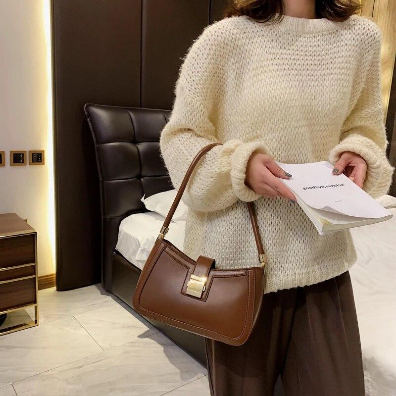 Shoulder Bags For Women Solid Color PU Leather 2024 Trend Lock Handbags Small Purse Hand Lady Designer Zipper Clutch