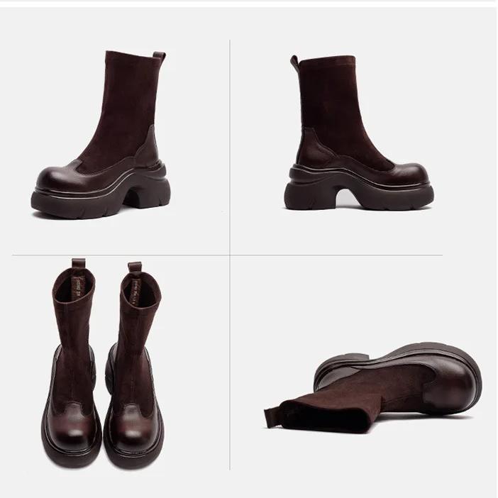 Johnature Retro Solid Color Mid-calf Boots Genuine Leather Comfortable Thick Soled Versatile Women's Shoes