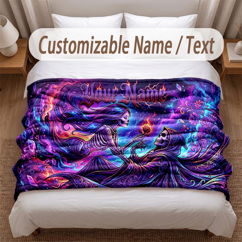Skull Gothic Theme Soft Blanket Personalized Custom Name Text Print Warm Blanket Home Sofa Bedroom Decor