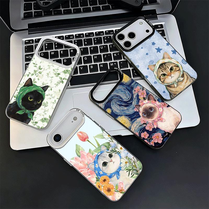 Cute Floral Headscarf Kitten Shockproof Phone Case for iPhone 17 Air 16 16E 15 Pro Max 14 Plus 13 Mini 12 Back Cover Anti Fall F