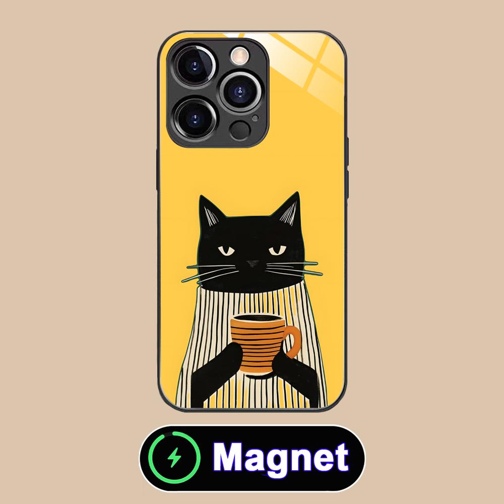 Cute Coffee Cat Glass MagSafe Mobile Phone Case for iPhone 17 16 15 14 13 12 11 Air Pro Max Plus Mini Colorful Cover