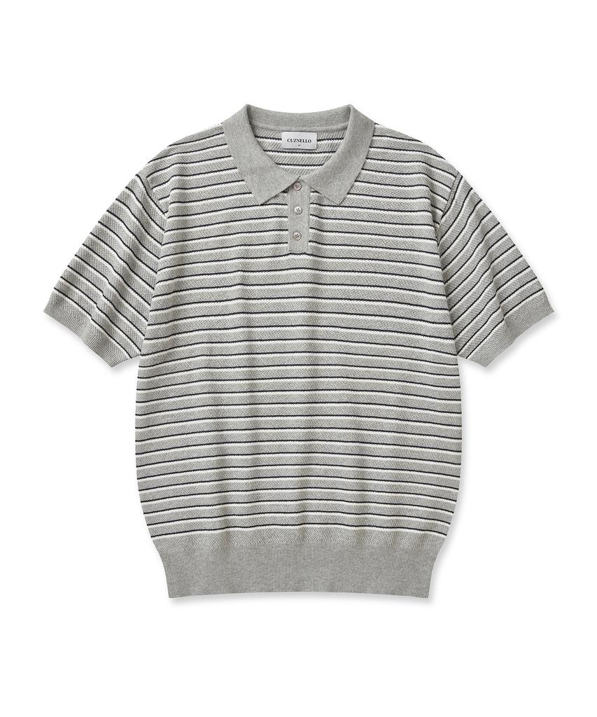 CUZNELLO Multi-Stripe Polo Short Sleeve Knit_Gray