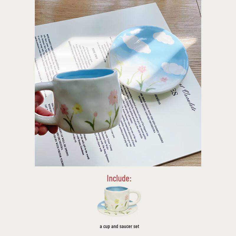 Hand-Pinch Painted Ceramic Coffee Cup and Saucer Set