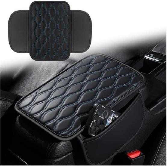 Center Console Cover with Extend Pocket, Leather Arm Rest Cover of Black/Blue