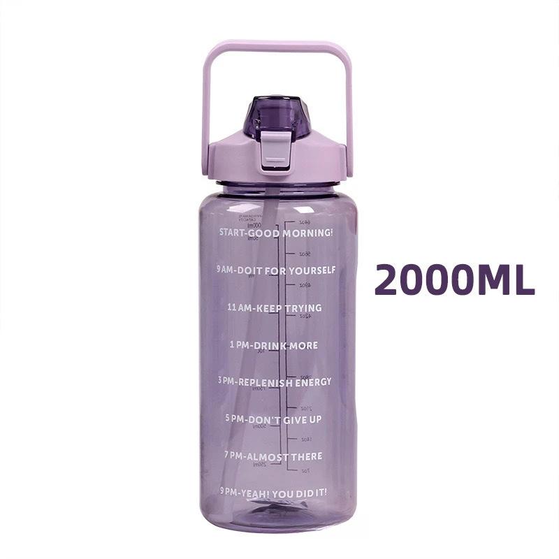 

2L Portable Water Bottle Large Capacity Plastic Straw Water Cup Drink Bottle with Time Marker for Outdoor Sport Fitness