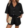 Women's Pajama Set Short Sleeve Striped Printed Two-piece Loungewear  Neck Pajamas Split Shorts Set Soft Sleepwear