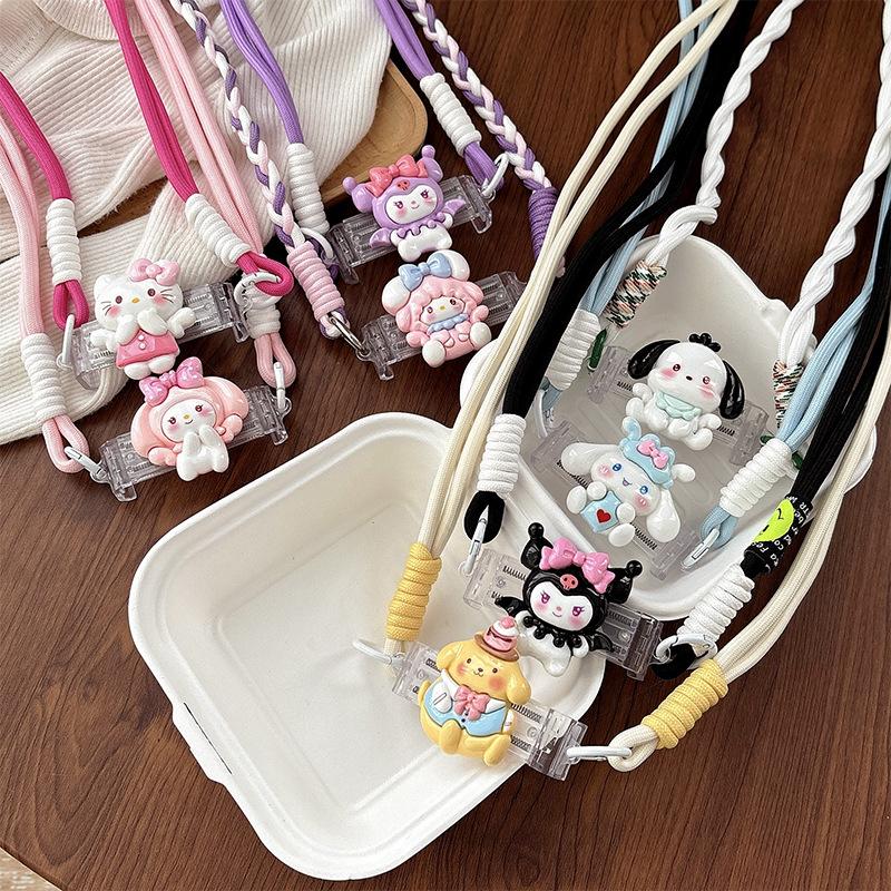 Cartoon Kt Cat Girl Heart Back Clip Diagonal Cross-Chain Braided Rope Mobile Phone Case Halter Neck Strap Mobile Phone Back Clip Anti-Fall