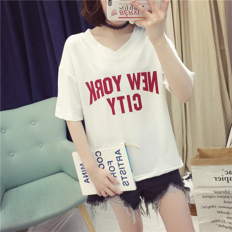 New Summer Korean Style Loose Hong Kong Style White V-neck Short-sleeved T-shirt Women's Half-sleeved Student Top