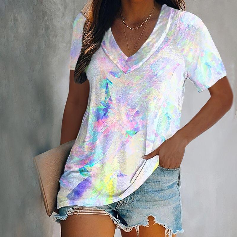 Women's T-Shirt Tie-Dye Water Drop 3d Pattern Printing Fashion Casual Oversized V-Neck Short-Sleeved Summer Women's Clothing