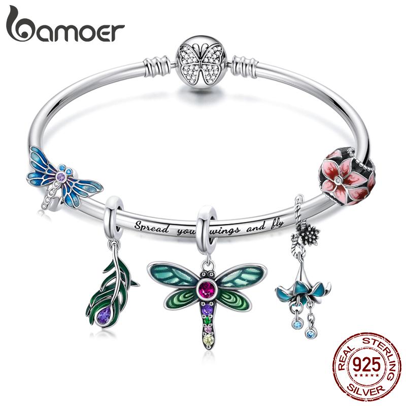 BAMOER Authentic 925 Sterling Silver Shiny Dragonfly Charm for Original Silver DIY Bracelet or Bangle Jewelry Make Beads SCC1706