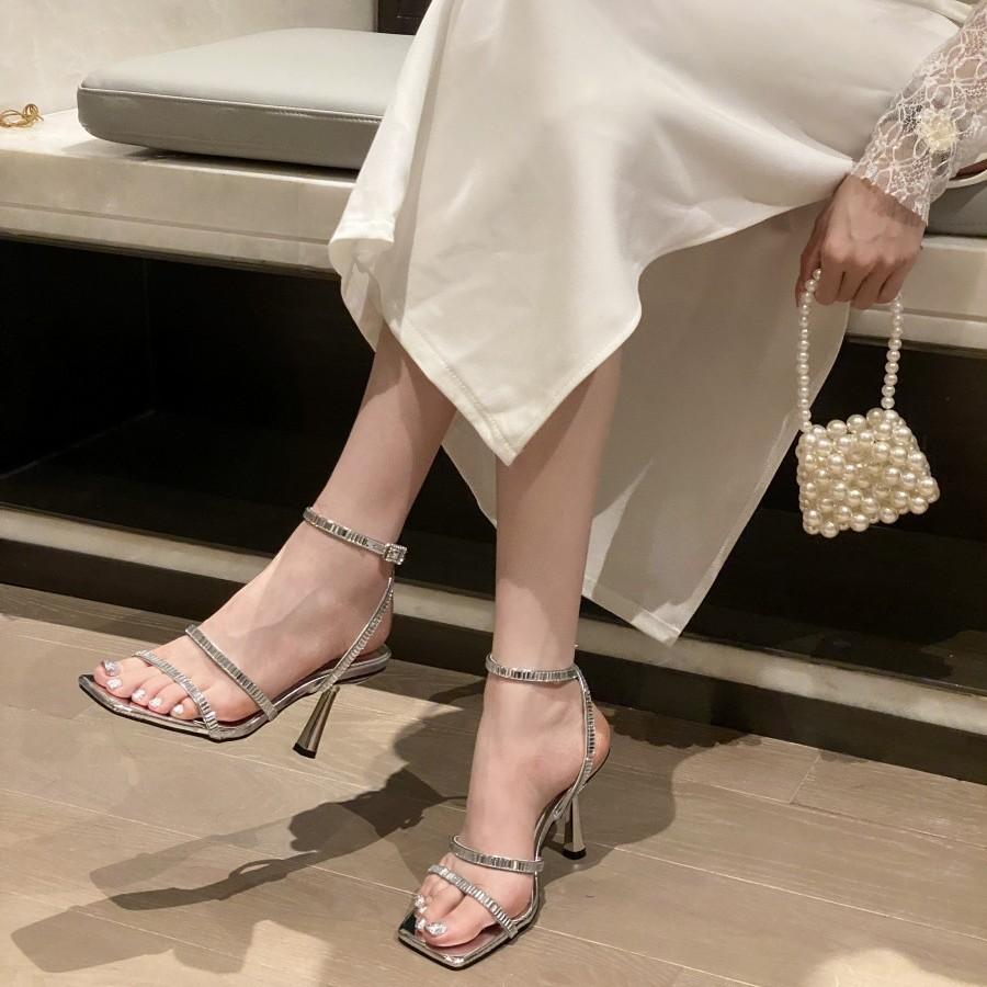 Silver Open-toed Rhinestone Transparent Wine Glass and Roman Sandals Female Sexy Fairy Style Crystal High Heels Niche Design