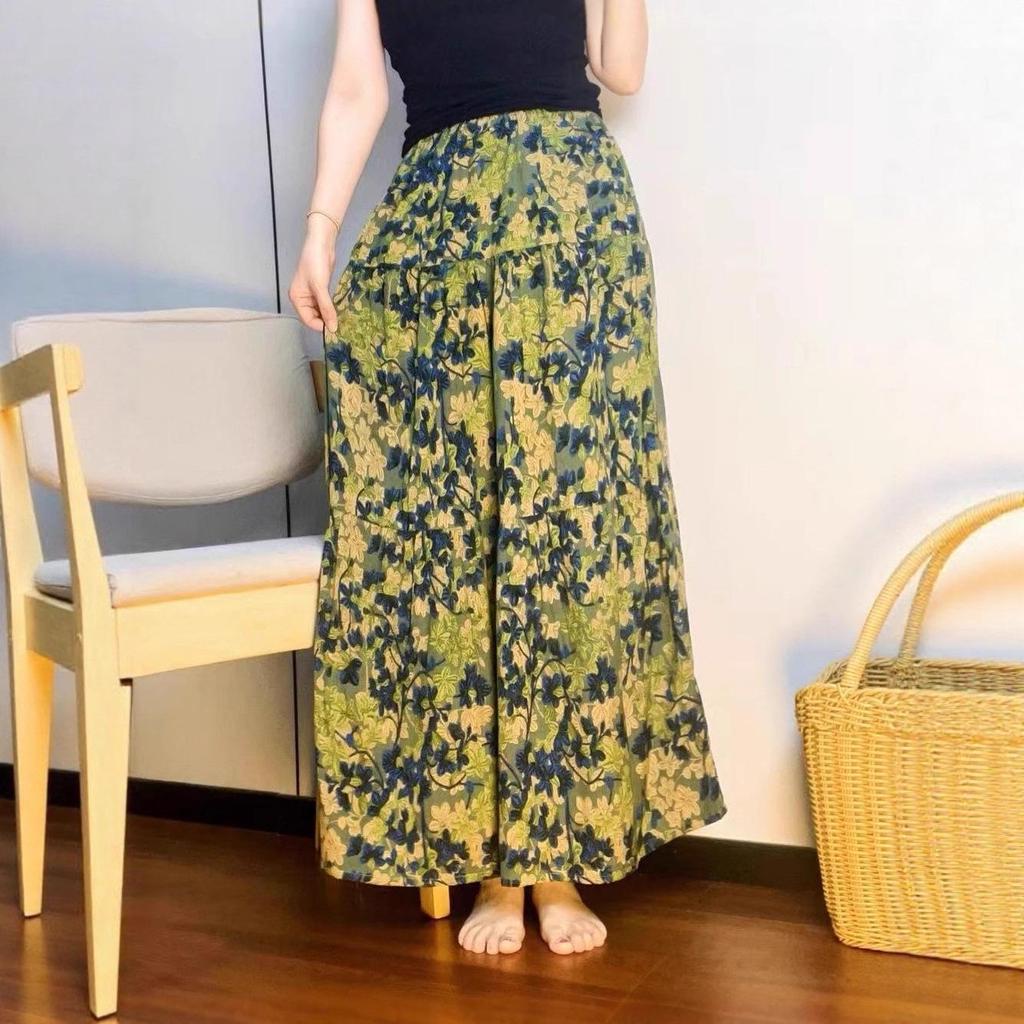Women's Floral Print Cotton-Silk Elastic Waist Skirt - Southeast Asian Style for Spring and Summer