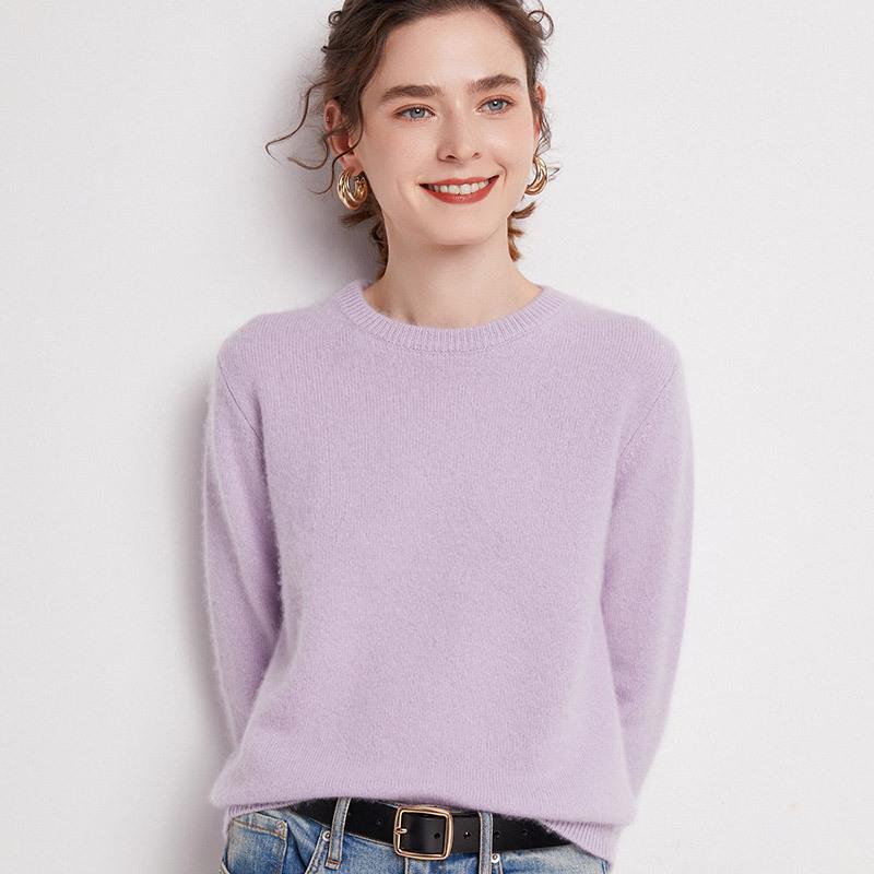 Women's Plus Size 100% Wool Thickened Round Neck Sweater - Winter Solid Color Pullover
