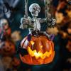 Window Display Accessory Swing Skeleton with Lighted Pumpkin, Light-up Ornament, Halloween Figurine Hanging Statue for Indoor Front Porch Decor Creepy