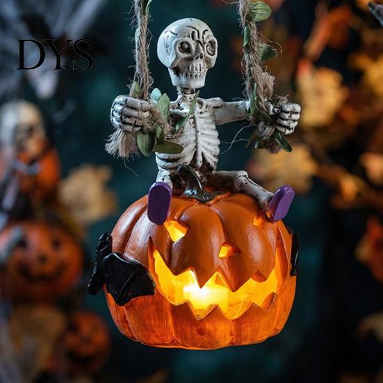 Window Display Accessory Swing Skeleton with Lighted Pumpkin, Light-up Ornament, Halloween Figurine Hanging Statue for Indoor Front Porch Decor Creepy