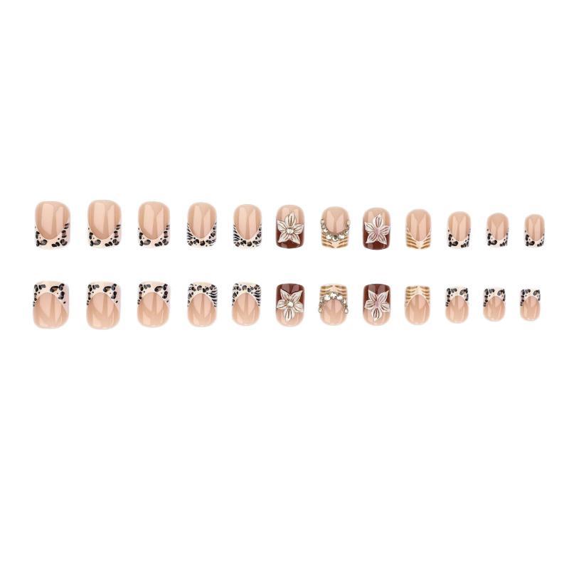 Duck Feet Press On Nails 3D Leopard Print Gold Rhinestone Floral Design Damage-free Fake Nails for Travel Party Use