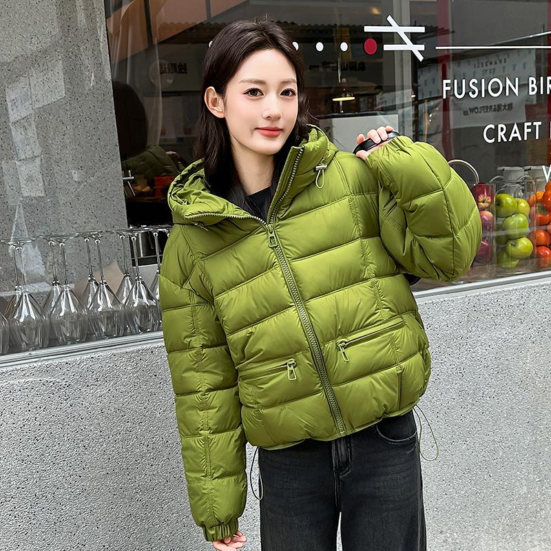 Women Hooded Quilted Puffer Jacket Solid Color Loose Fit Short Winter Coat