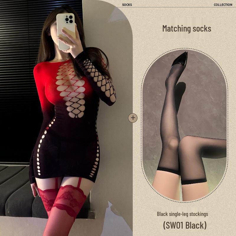 Colorful Gradient Mesh Suspender Skirt with Open Crotch and Hollow Design