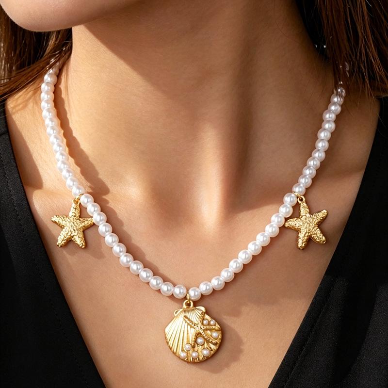 Bohemian Faux Pearl Seashell Starfish Pendant Necklace