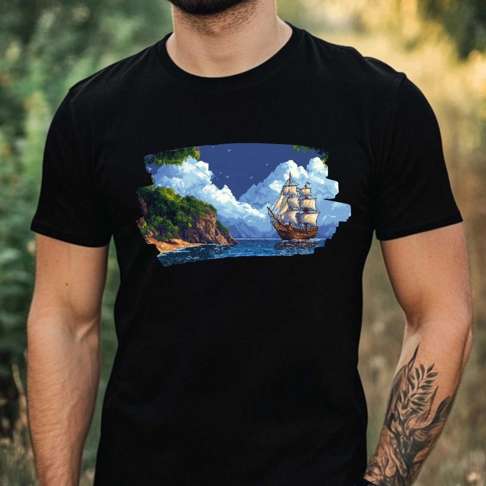T-Shirt Herren Piratenschiff Pixel Art Motiv Baumwolle Größe XS bis 5XL M