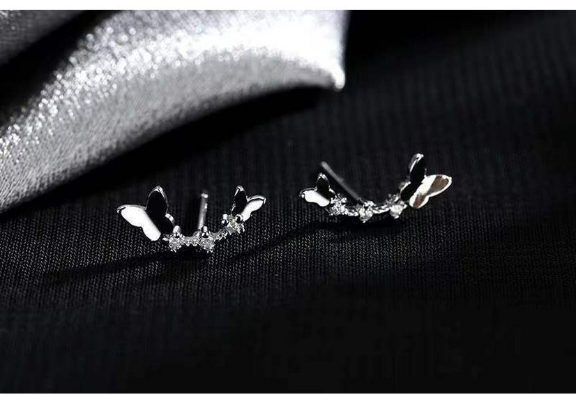 Beixi S925 Sterling Silver Rhinestone Butterfly Earrings - Women's Korean Forest Style