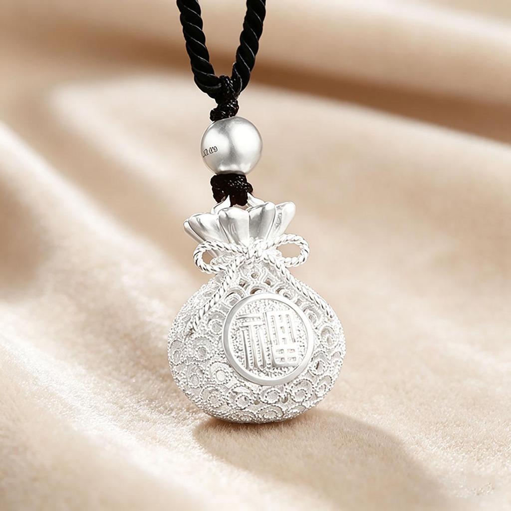 Silver Money Bag Necklace, Unisex, Design, Chinese-style, Vintage Pendant, Trendy, Chinese Style, Fortune Bag, Couple Pendant