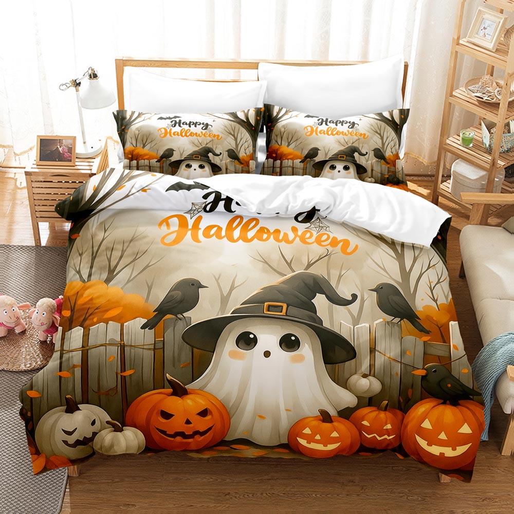 Pink Cute Halloween Bedding Set Featuring JackOLanterns Ghosts Wizard Hats Skulls Duvet Cover Ignite The Spirit Of The Season