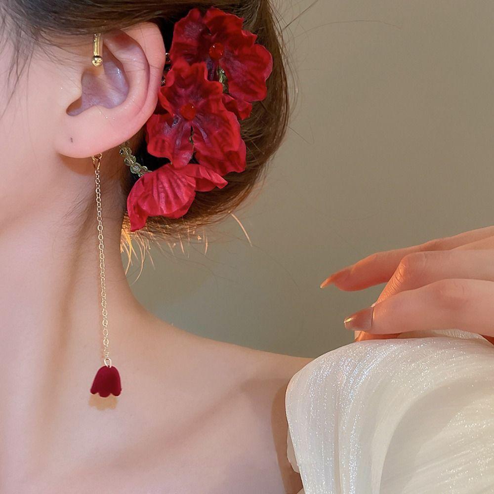 Sweet Gold Color Ear Hanging Red Flower Tassel Jewelry Accessories  for Women Girls