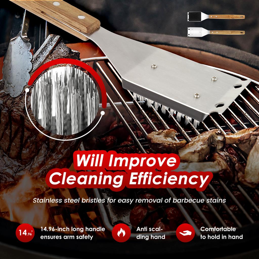 2Pcs Barbecue Brush 15 Inch BBQ Brush Kit Outdoor Effective Grill Cleaning Brush with Wood Handle and Scraper for Grill Cleaning