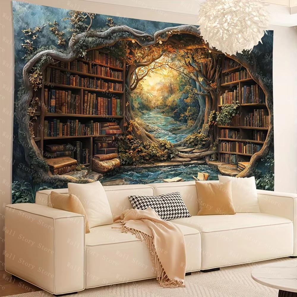 3D Magic Forest Bookshelf Tapestries Wall Hanging-Gorgeous Wall Art Tapestries for Living Room Office and Home Decor Tapestry