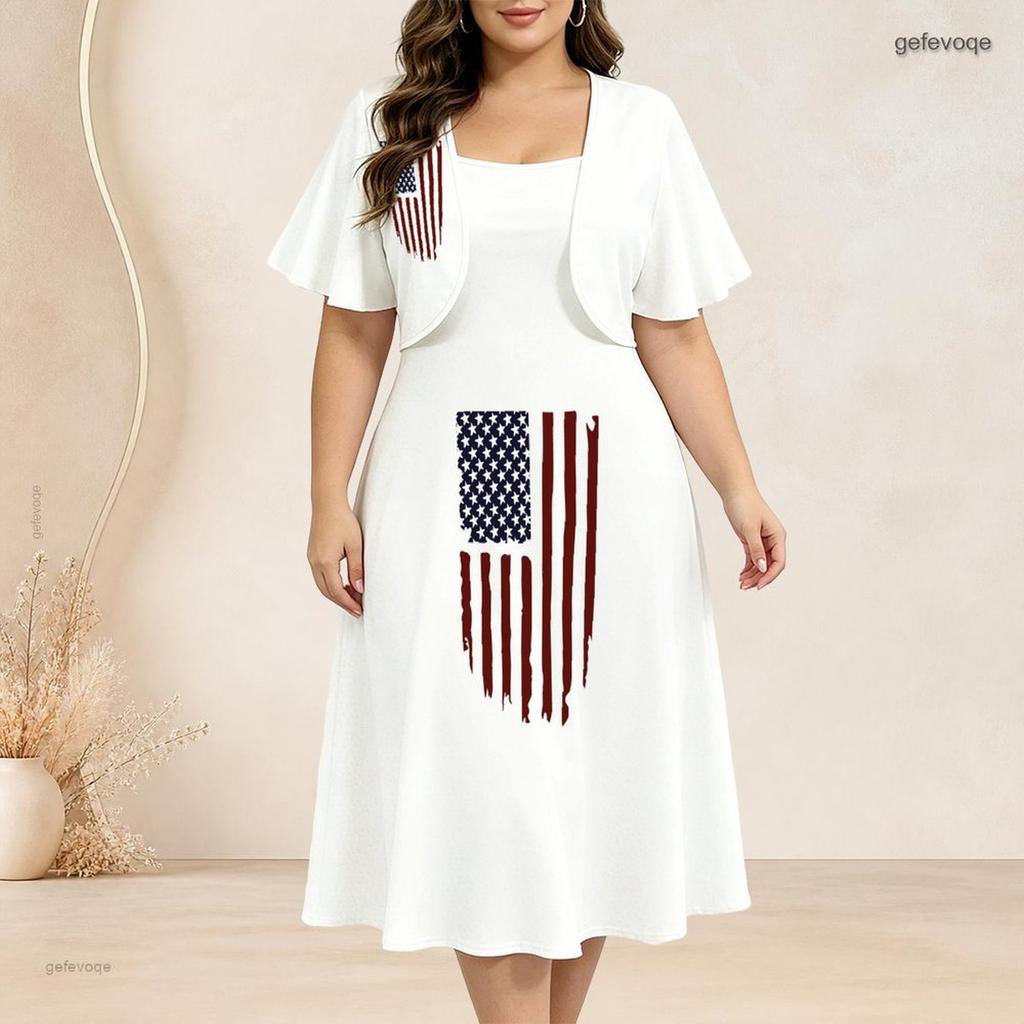 Women Plus Size White Printed Two Piece Set Batwing Sleeve Cropped Shrug Strappy Flared Dress