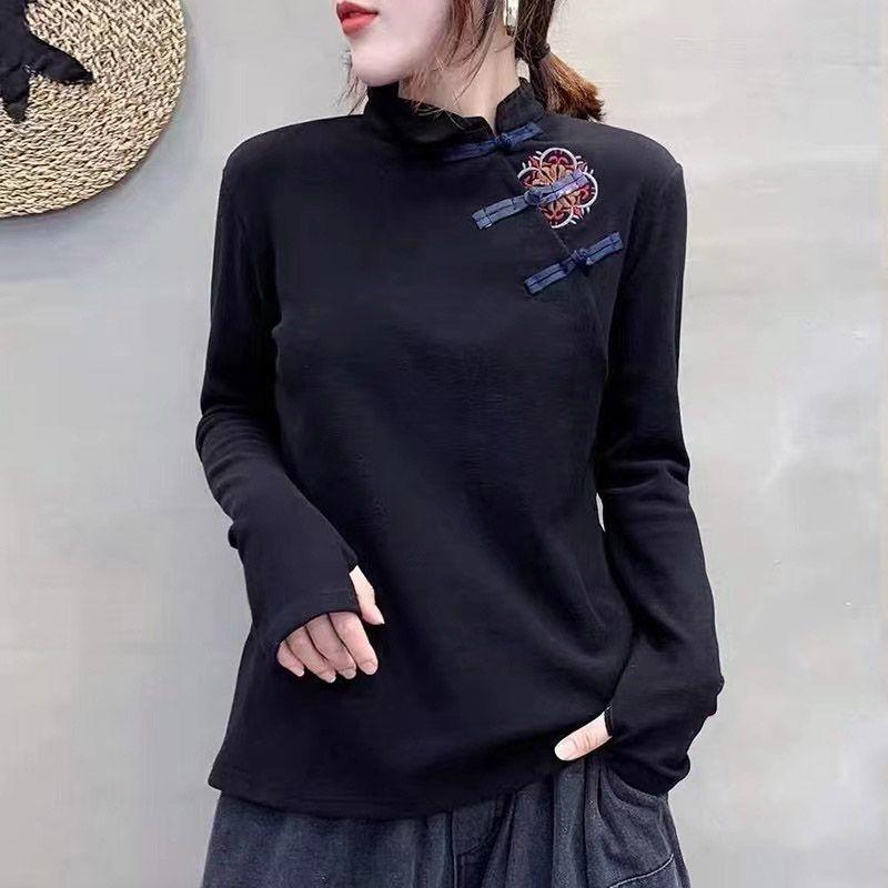 Women's Autumn and Winter Wear Loose Fitting Retro Ethnic Style Buttoned Bottom Shirt Diagonal Collar Long Sleeved T-shirt