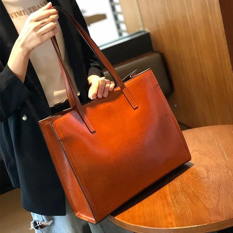 Women Cow Genuine Leather Luxury Shoulder Bags Lady Retro Soft Cowhide Handbags Female Design Fashi Tote Bucket Bag for Ladies