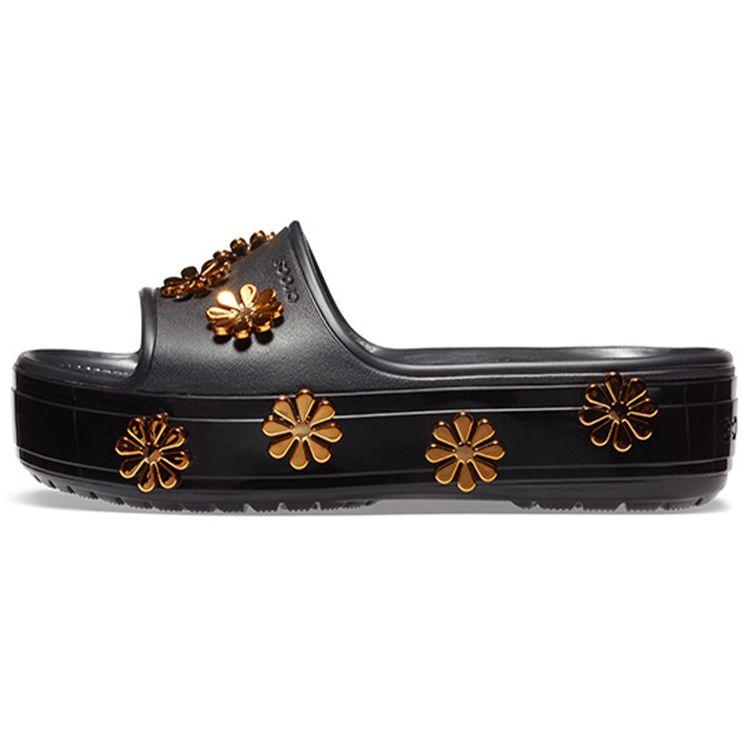 Crocs Cb Platform Metallic Blooms Sld Simple Casual Thick Sole Slippers Black Women Slippers 205717-001