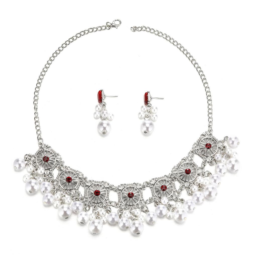 Woman Vintage Hollow Jewelry Sets Simulated Pearl Tassel Necklace Earrings