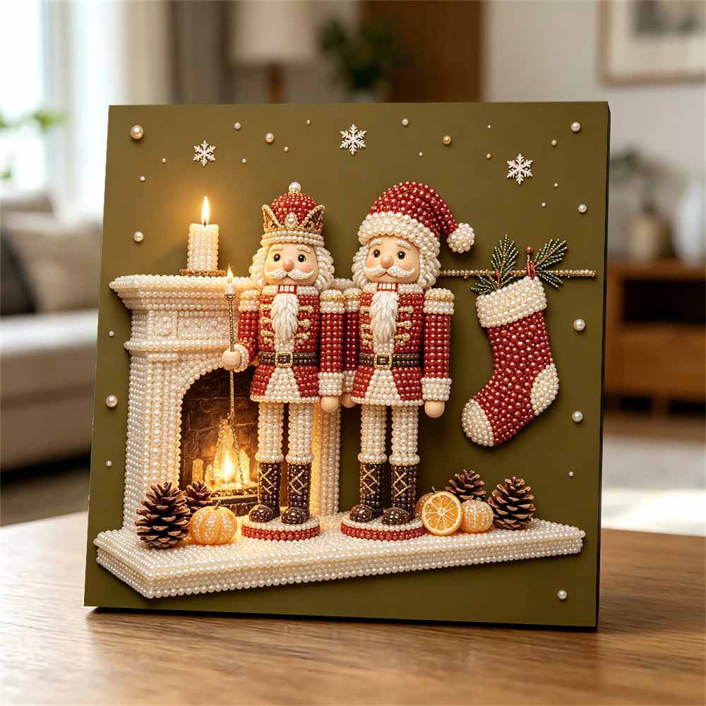 Handmade Framed Pearl Painting Set with Christmas Nutcracker Fireplace Design 5D Shiny Bead Art Canvas Creative Craft for Room Decor
