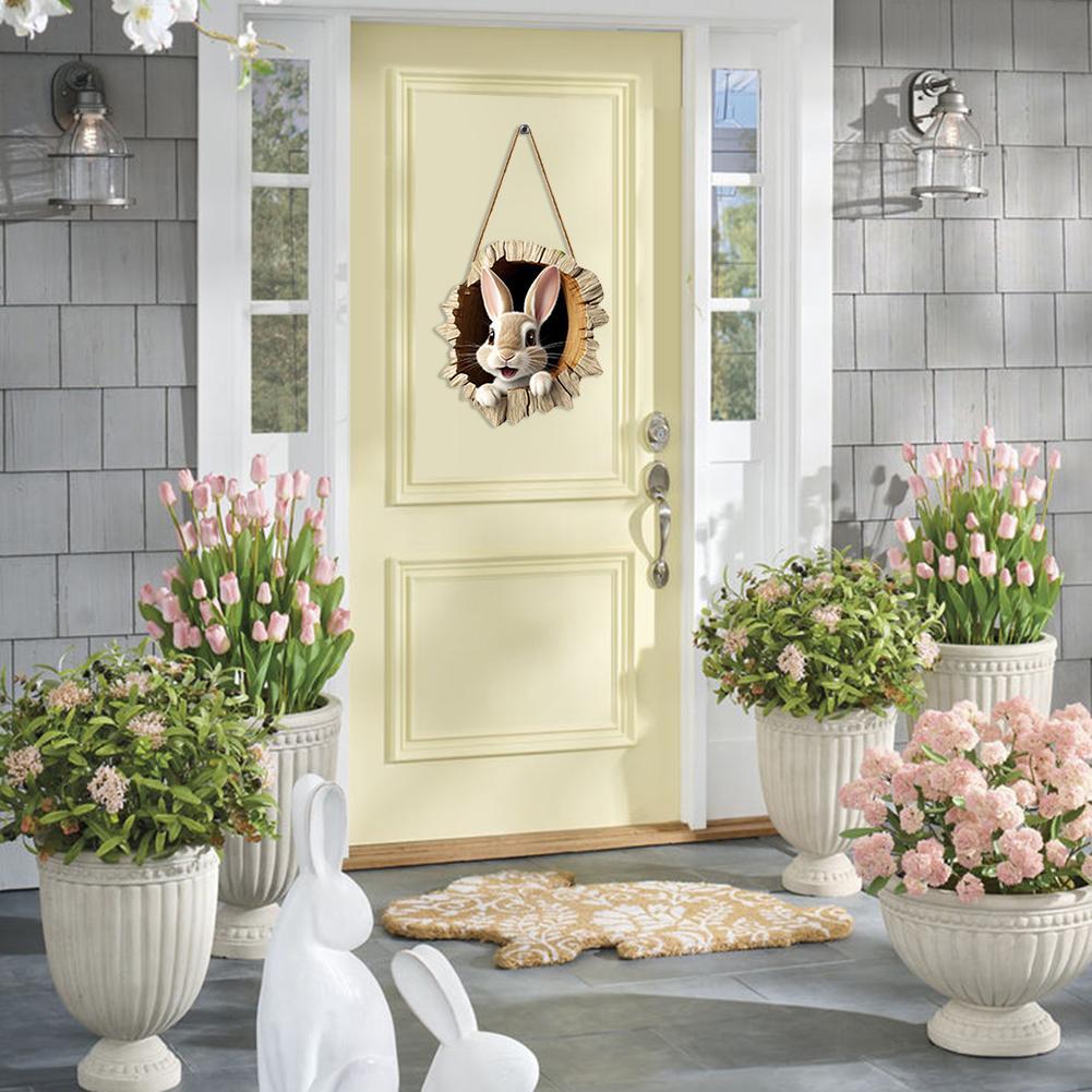 Cute Bunny Hole Wall Stickers Easter Rabbit Door Sign Wooden Rustic Hanging Pendant Welcome Sign Happy Easter Home Decoration