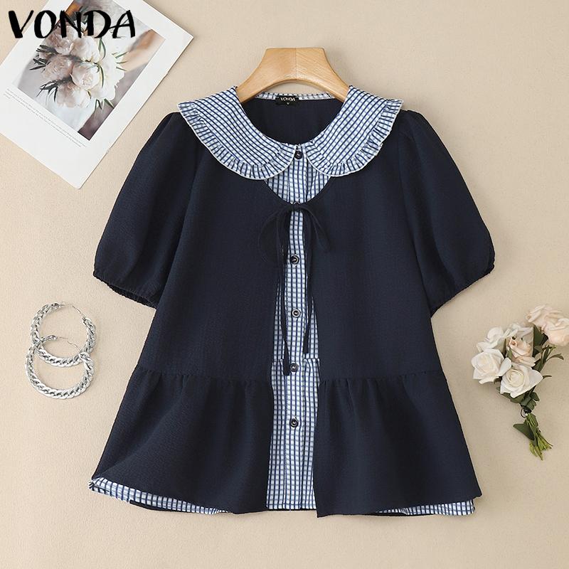 VONDA Women Girls Puff Sleeve Bow Knot Fake Two-piece Plaid Casual Blouse
