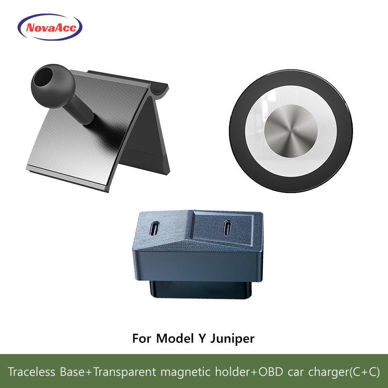 Auto Magnetischer Kabelloser Lade-Handyhalter Für Tesla Model Y Juniper Model 3 Highland 2021-2025 Transparente Basis OBD-Ladegerät