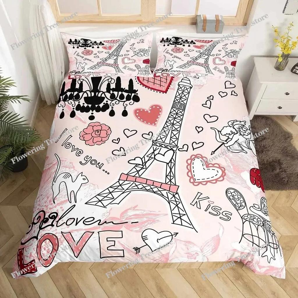 Paris Duvet Cover Queen Size Blue Eiffel Tower Comforter Cover France Famous Buildings Print Bedding Set Black White Quilt Cover
