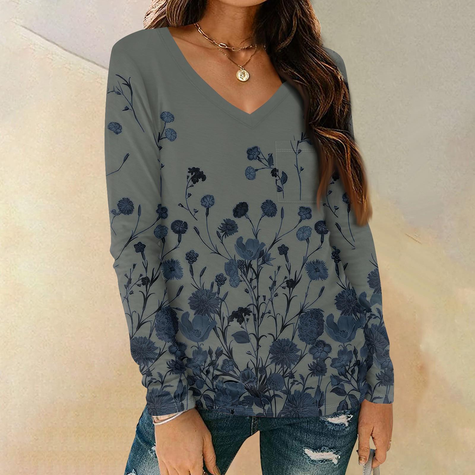 

Женская мода повседневная блузка с длинным рукавом и цветочным принтом, V-образным вырезом и карманами XL арбуз красный