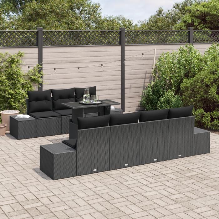 VidaXL Ensemble de Canapés de Jardin 8 Pièces avec Coussins Noir Rattan 3349129