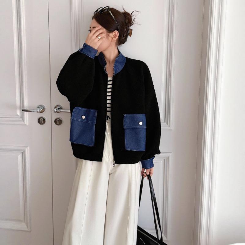 Autumn and Winter New Splicing Denim Knitted Double-sided Cardigan Design Sense Loose Zipper Sweater Jacket Women