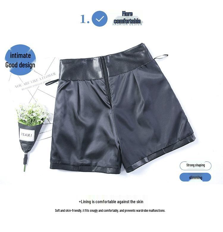 2023 Autumn Black High-Waist Leather Shorts for Women - Slimming, A-Line, Loose-Fit Wide Leg Design
