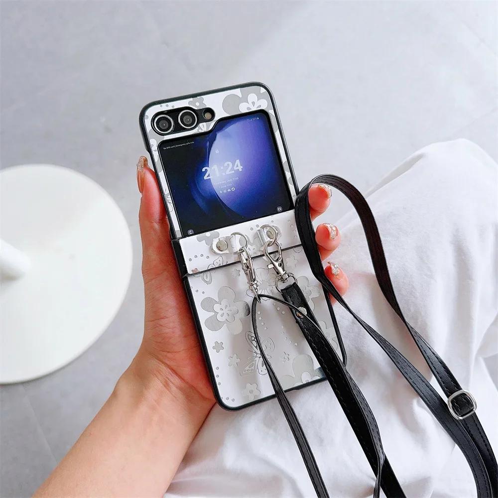 Butterfly Flower PU Leather Crossbody Lanyard Phone Case for Samsung Galaxy Z Flip 6 5 4 3 5G Hinge Protection Shockproof Cover